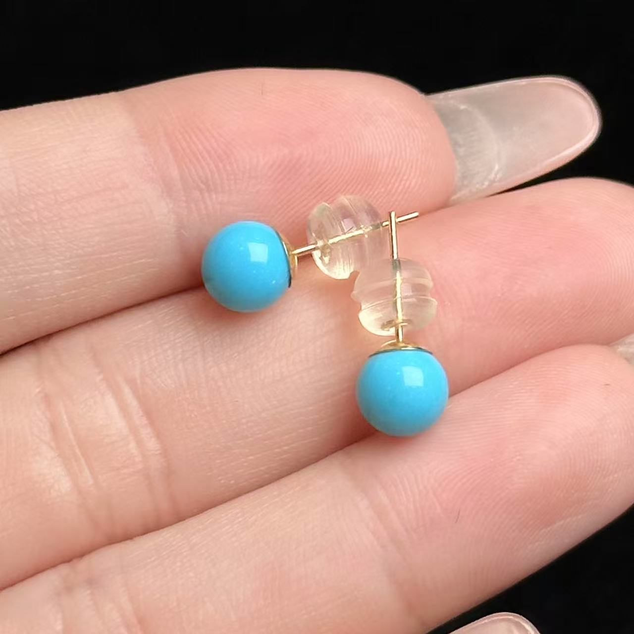 华林福禧 18K金绿松圆珠耳钉 F05  6mm F05 BJH0046A