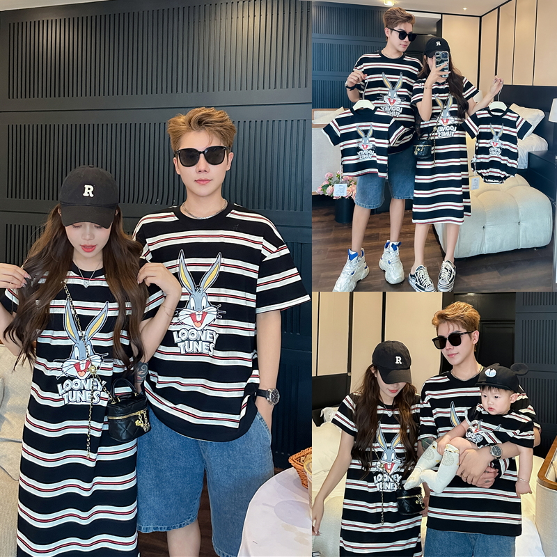 新款高端亲子装针织一家三口四口母子母女卡通印花时尚条纹连衣裙