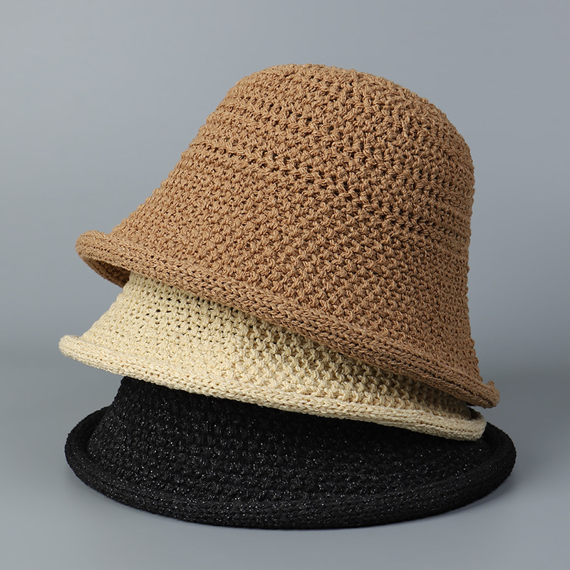 镂空编织水桶帽女百搭气质纯色圆顶盆帽韩系薄款显脸小渔夫帽