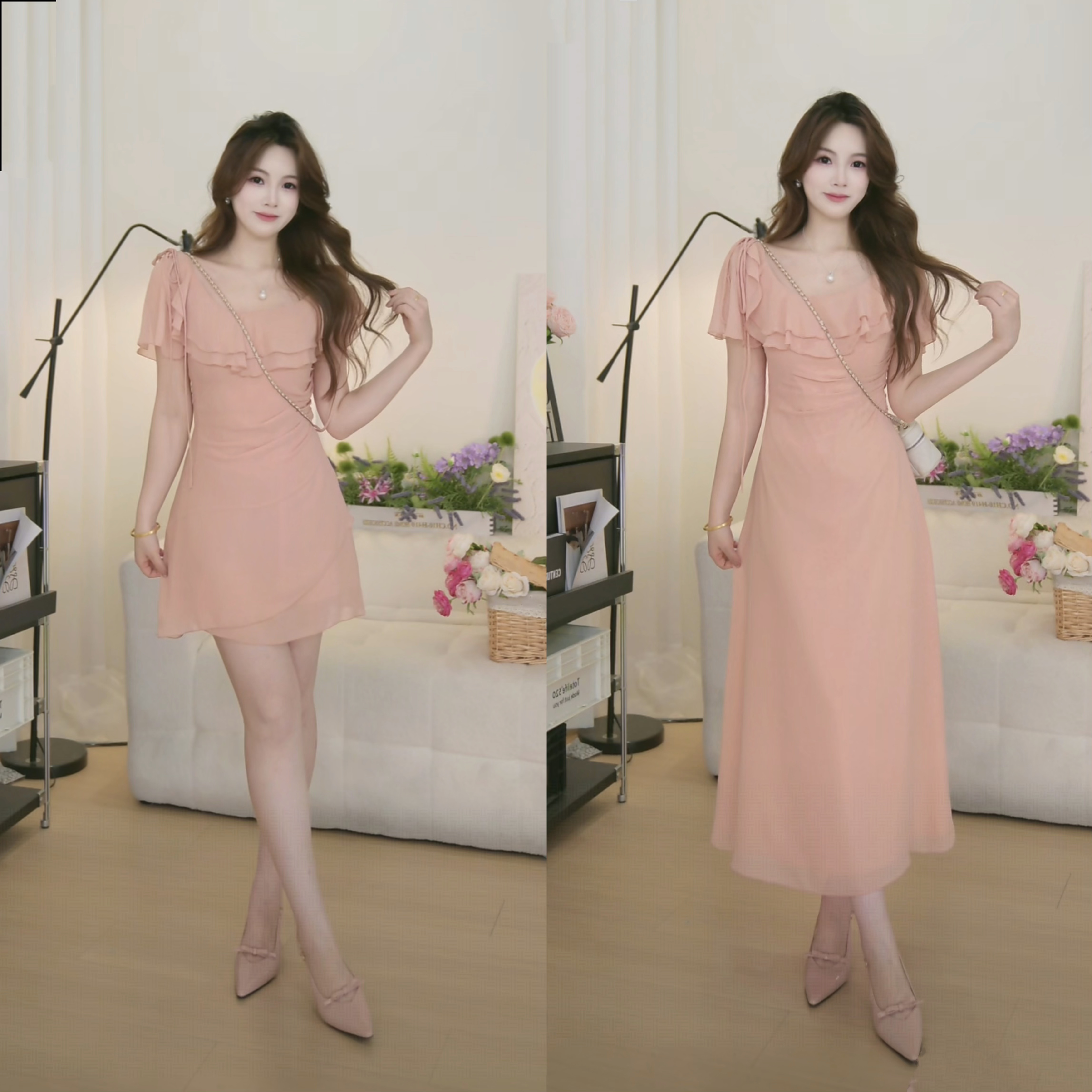 【闭店清仓】微胖古早千金小说女主纯欲裸粉色收腰长款连衣裙WP9944