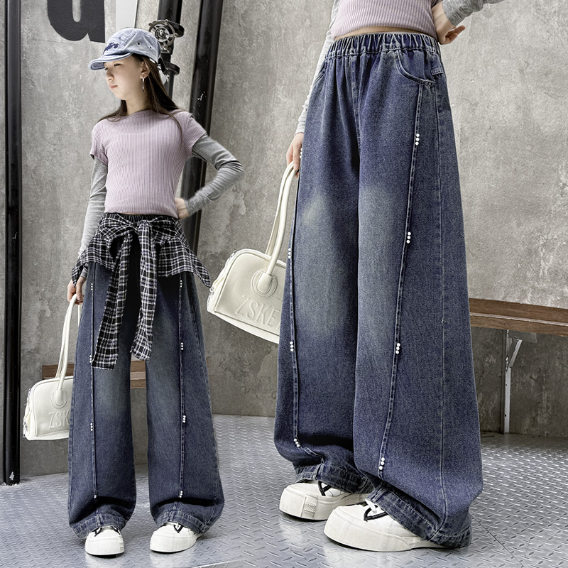 女童直筒牛仔裤春秋2025新款大童女孩秋装洋气格子屁帘长裤潮