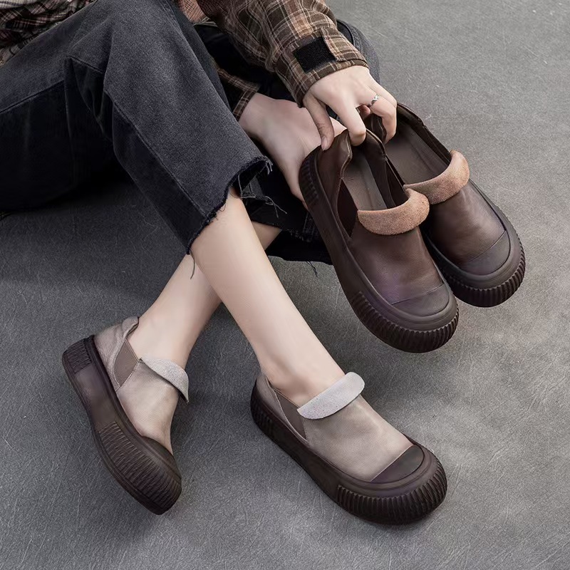 复古一脚蹬懒人鞋单鞋春秋季新款头层牛皮简约擦色休闲舒适女鞋子