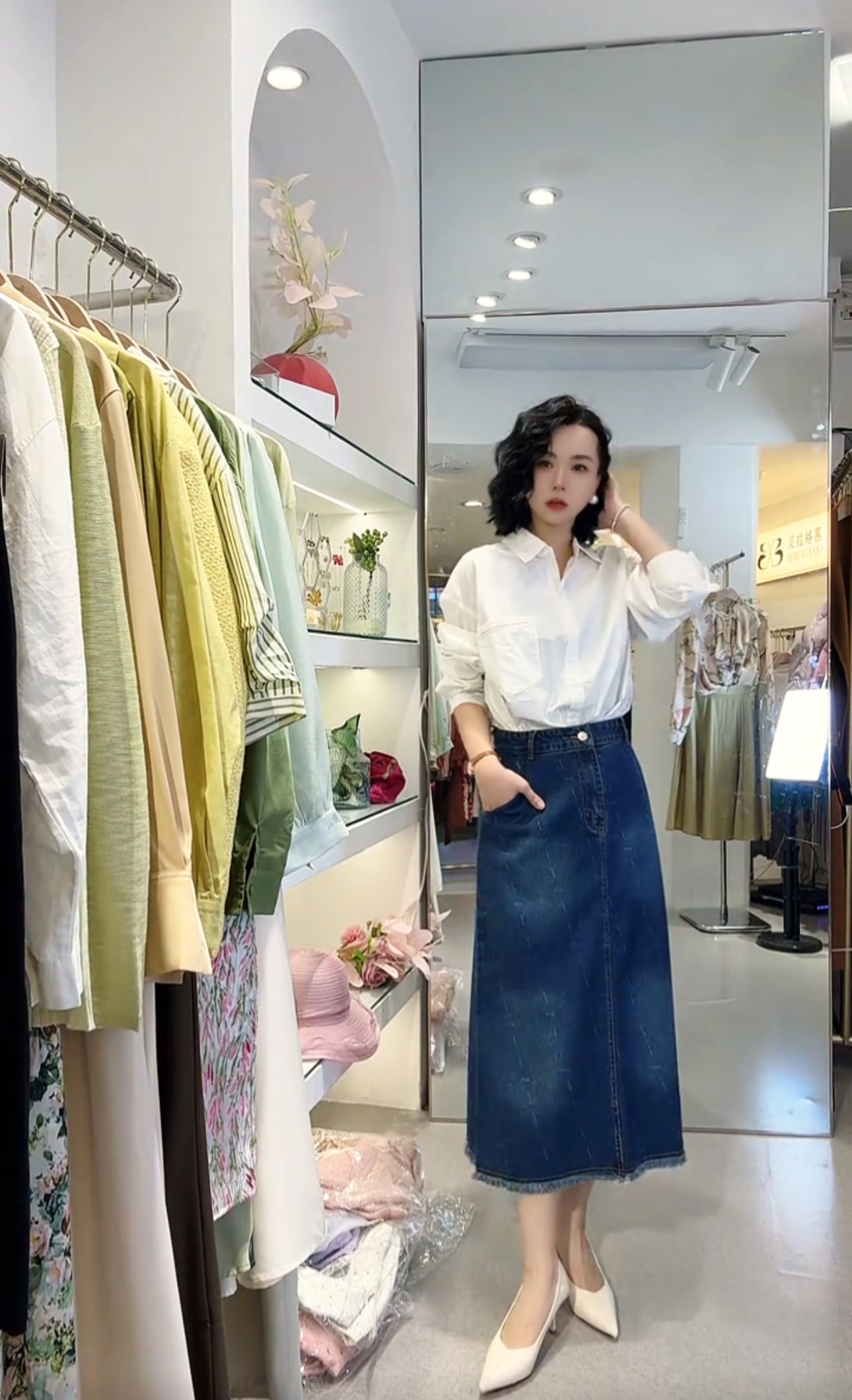 164*字母印花高腰牛仔中长半身裙