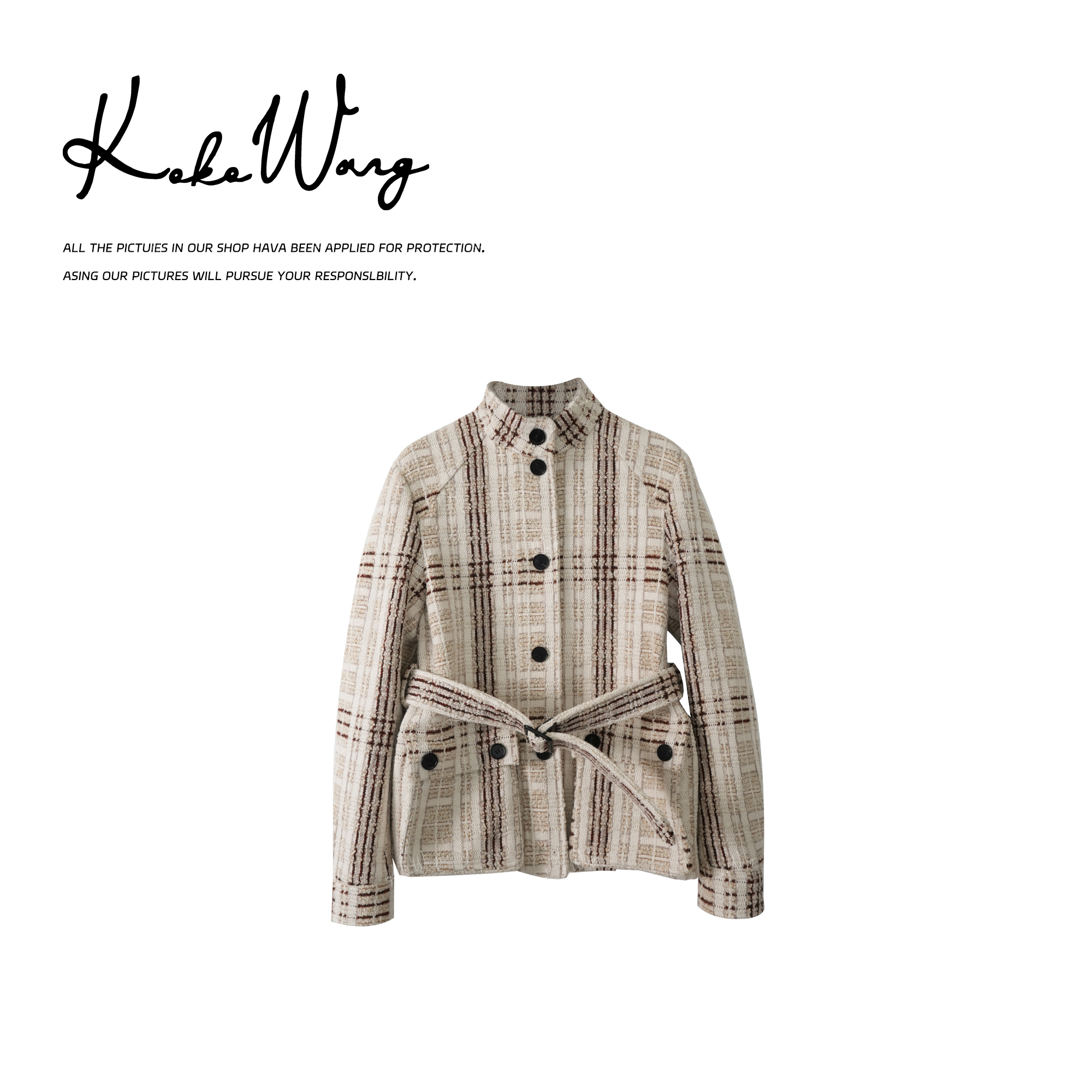 KOKO WANG秋冬高端羊毛混纺法式格纹小香风粗花呢外套X6585K28W42