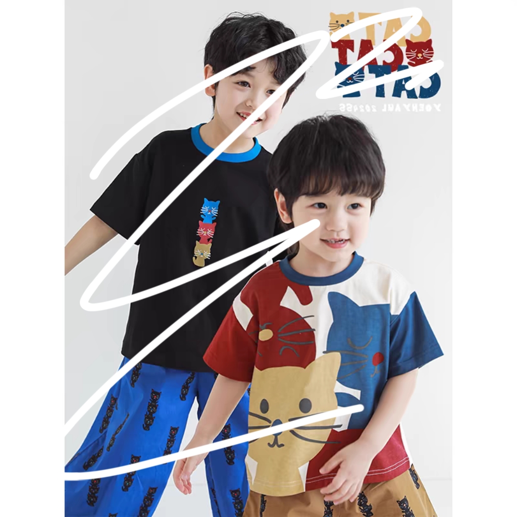 N4739 yy 默认微瑕 男童夏季猫咪印花短袖 no 退换