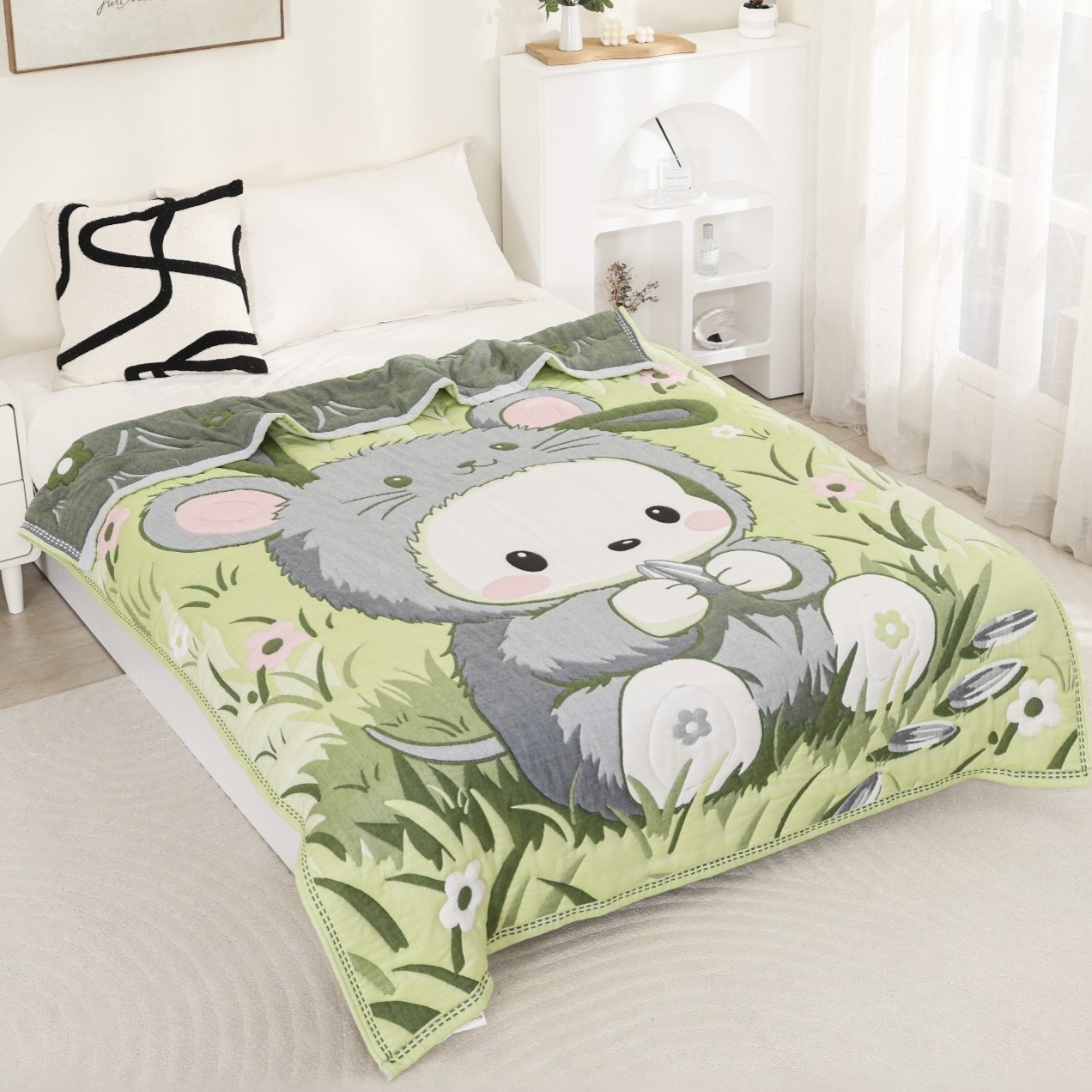 【双人贪吃豆豆】200*230cm柔软亲肤透气冬被冬季加厚棉纱泡芙被