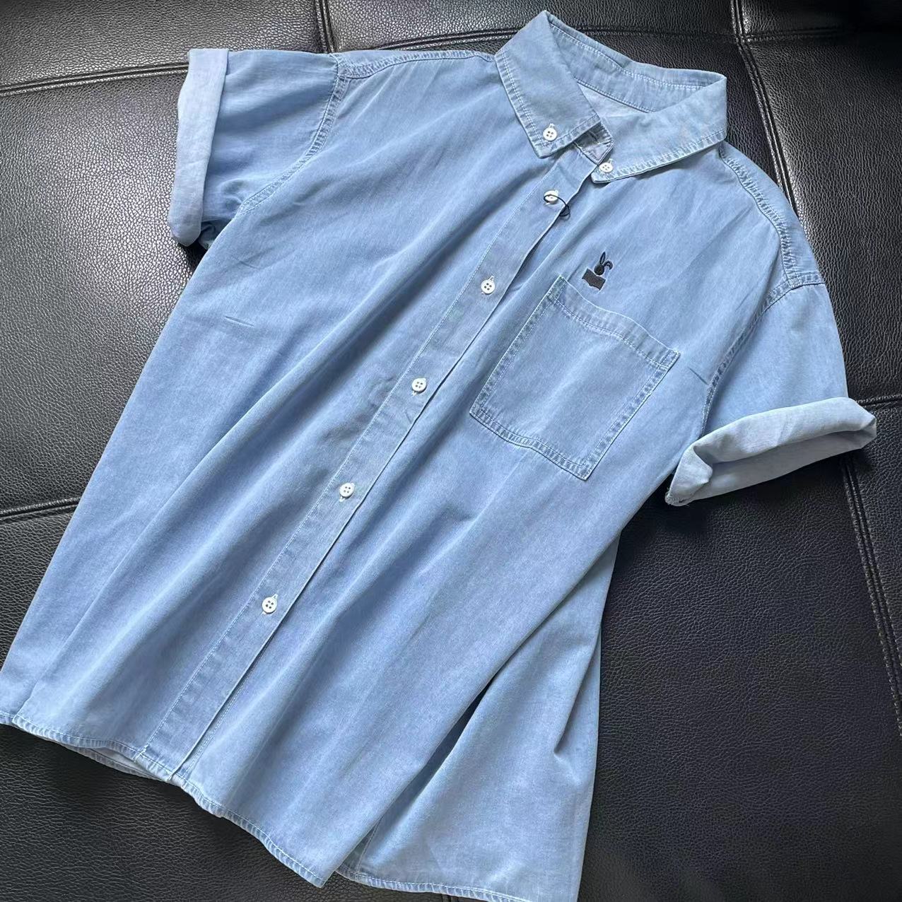 CS940夏装新款翻领短袖薄款纯色水洗做旧牛仔衬衫女士