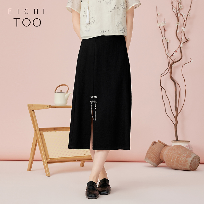 【新东方】爱居兔夏季新款新中式国潮风纯黑色半身裙EQDDJ2P014A