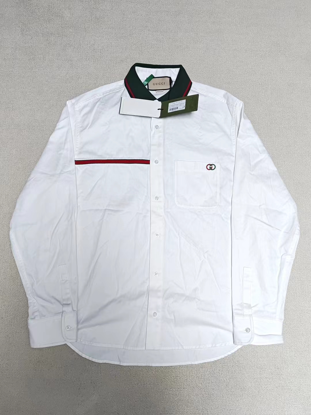 全新未使用 GUCCI/古驰 52码 交扣条纹刺绣Logo长袖衬衫 全新