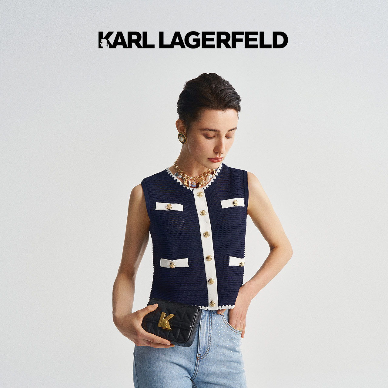 【晨粉专享价】KARL LAGERFELD 夏季新款小香风马夹老佛爷M22E3116