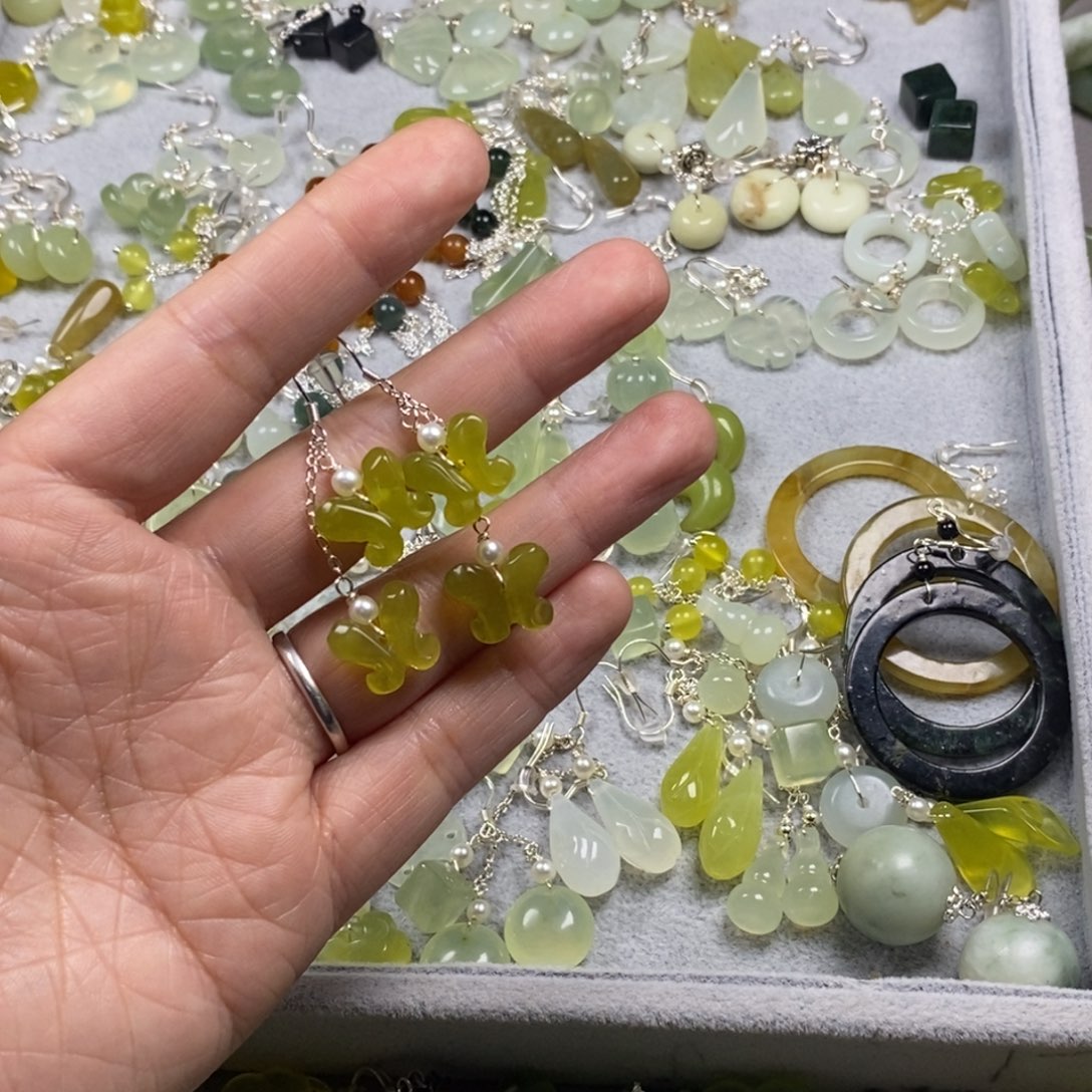 蛇纹石玉银S925镶嵌挂件耳饰