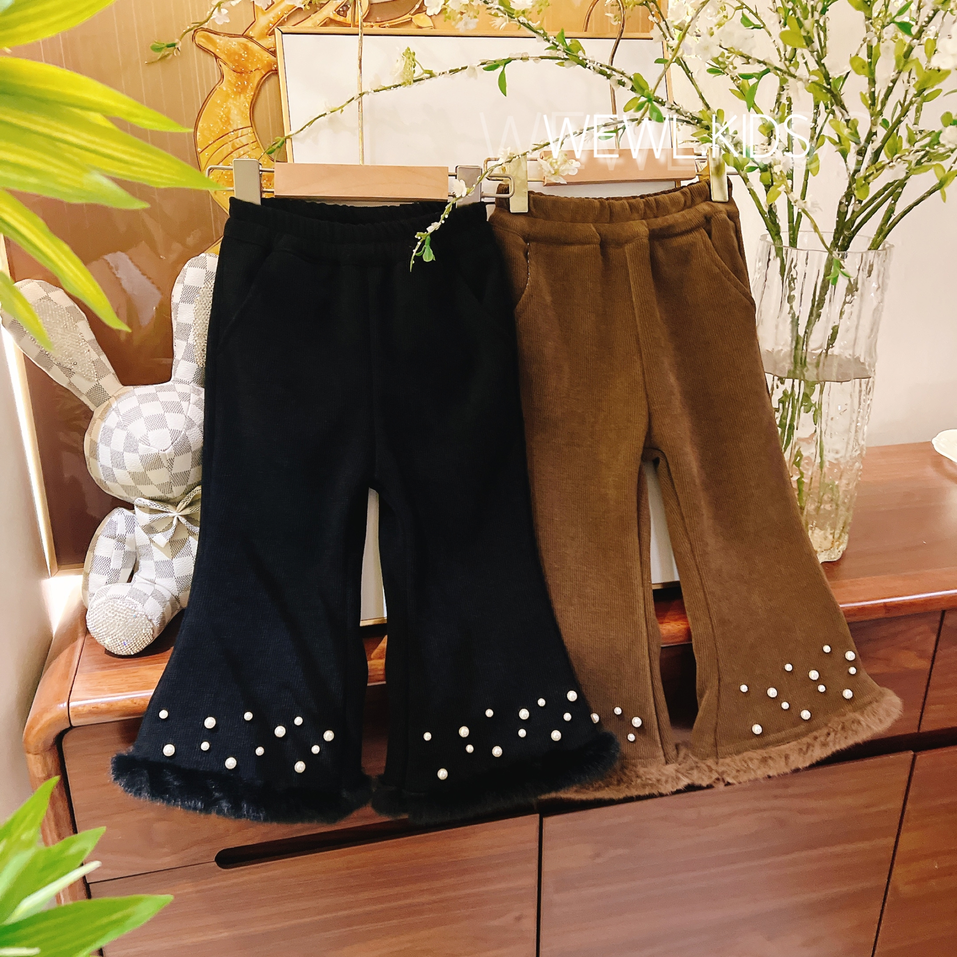 <腿精>女童百搭冬季新款雪尼尔一体绒加绒珍珠韩系喇叭裤