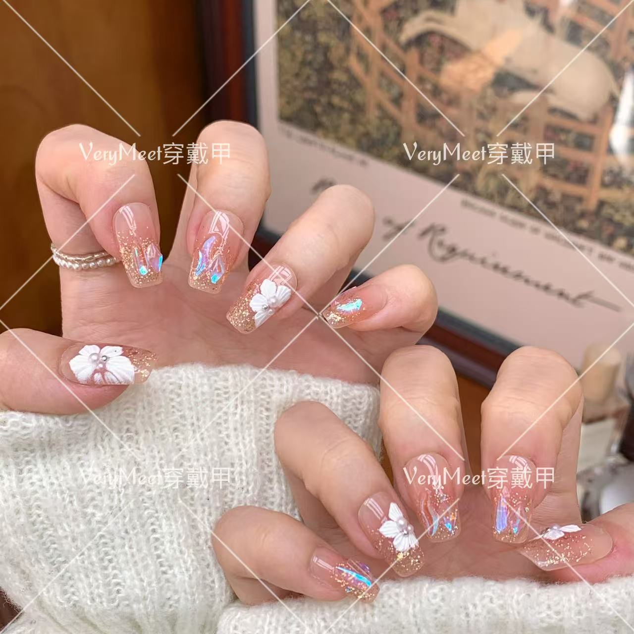 VeryMeet穿戴甲高级感爆闪极光钻手绘冰花纯欲腮红少女美甲贴L72