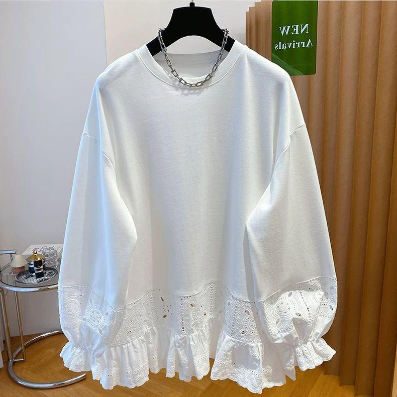 盼可欣大码240斤蕾丝镂空长袖T恤女秋季宽松纯棉胖mm韩系穿搭上衣