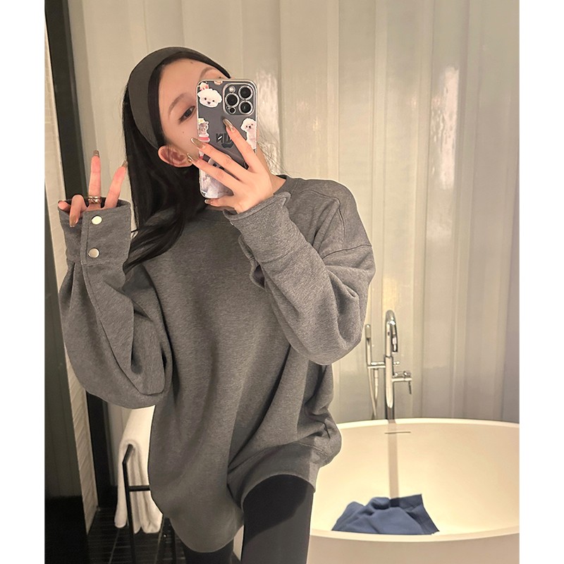 慵懒风灰色磨毛中长款T恤女装秋冬设计感圆领宽松休闲遮屁股上衣