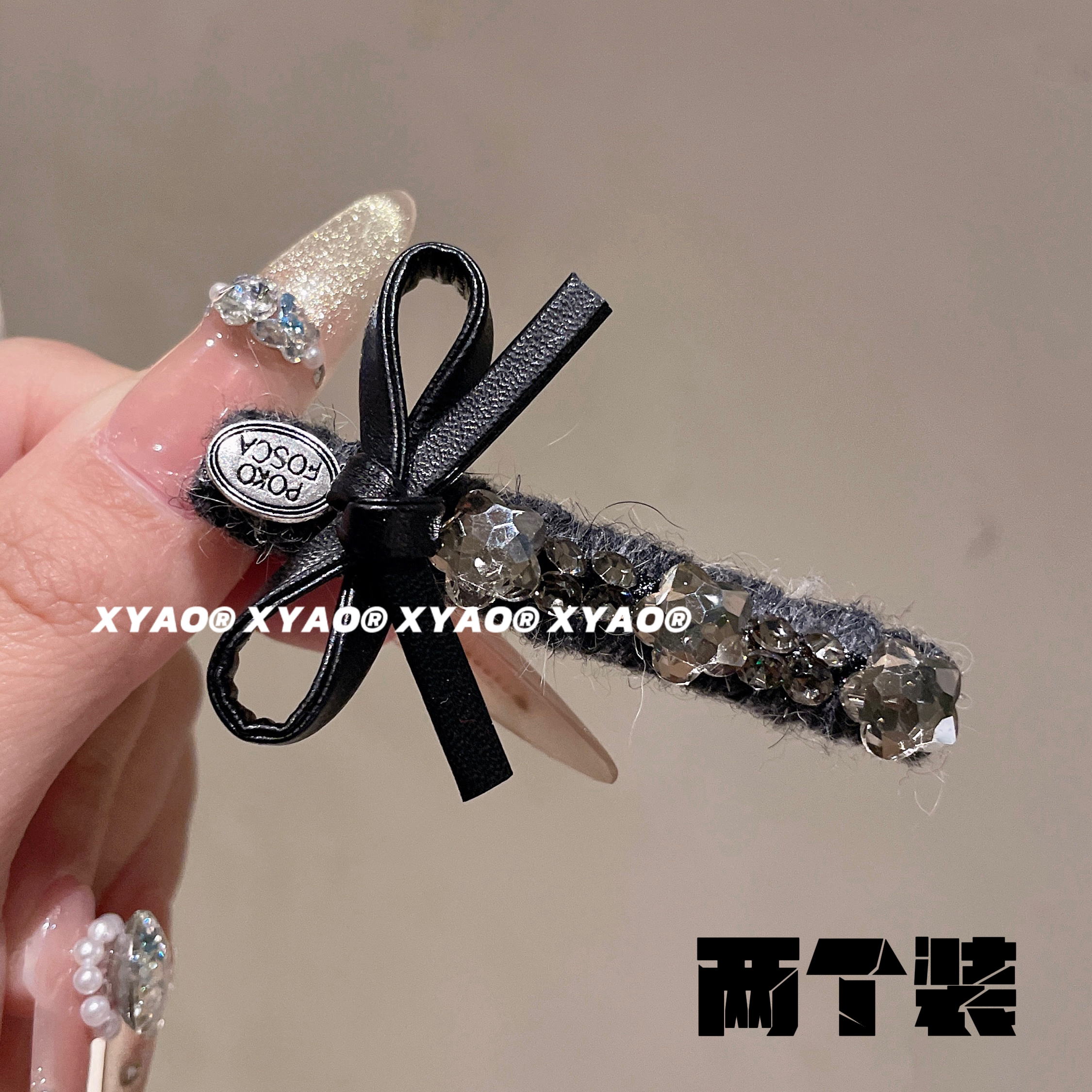 韩版东大门丝绒蝴蝶结水钻刘海夹简约设计优雅侧边夹发饰发卡