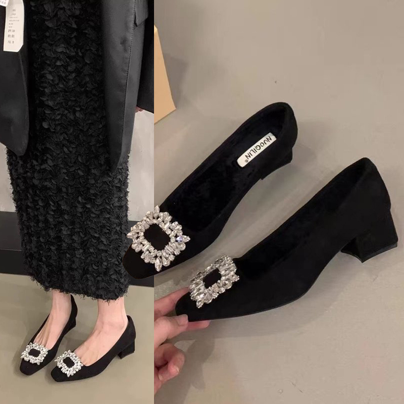新款水钻加绒方头粗跟高跟鞋时尚百搭绒面浅口单鞋软底四季低跟鞋