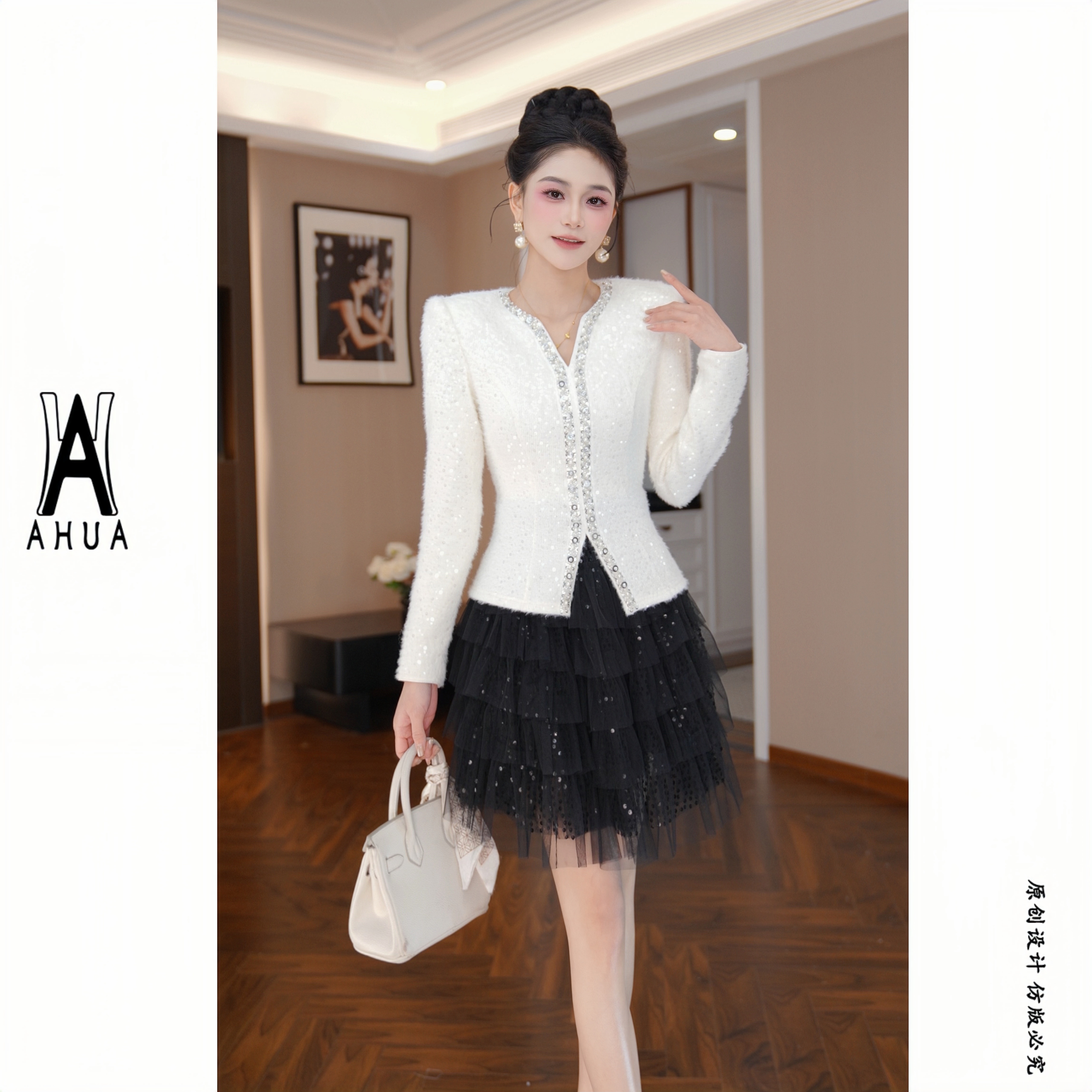 【花花原创】蕾丝小香风气质短款时尚法式名媛连衣裙65595