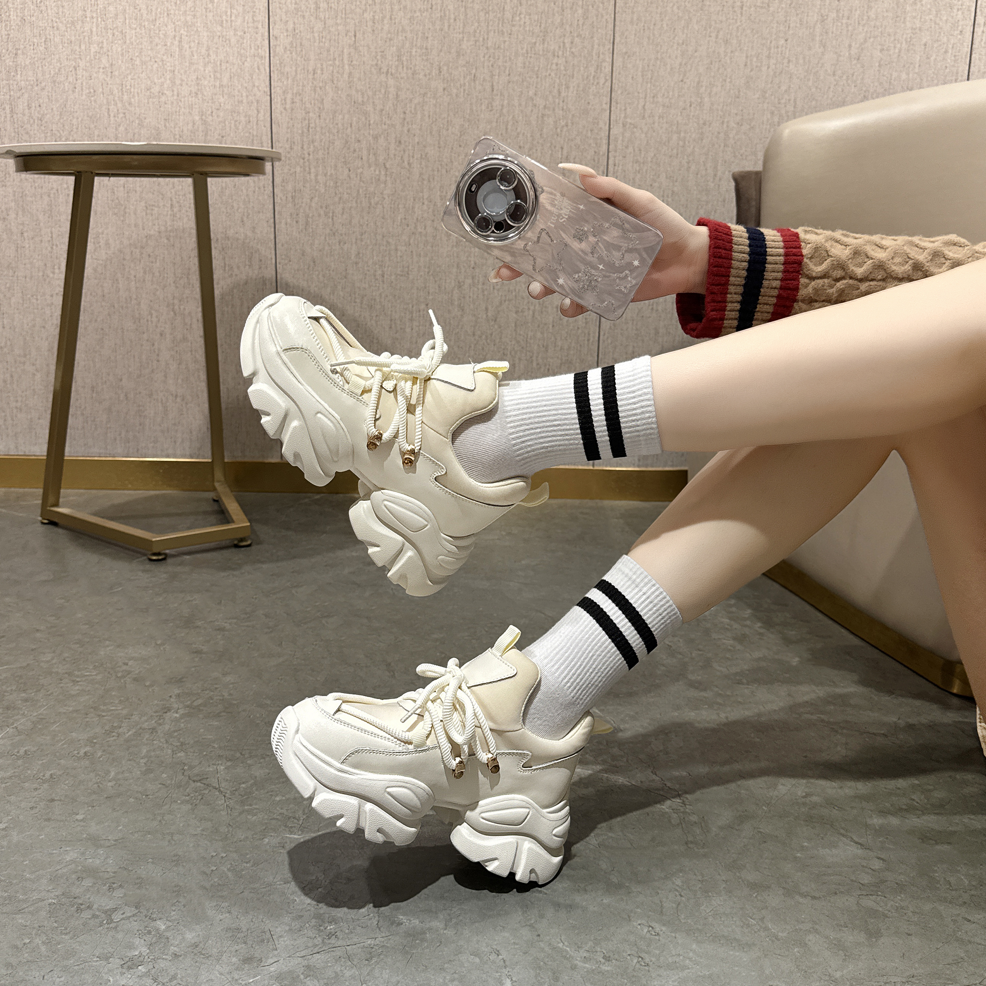 轻奢厚底老爹鞋女ins潮2025秋冬内增高厚底运动松糕休闲鞋5630