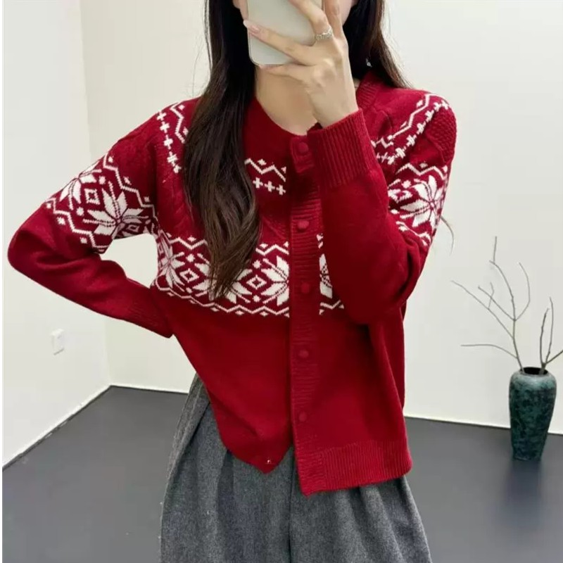 提花圆领毛衣开衫女春装2025新款宽松显瘦针织外套洋气春秋款上衣