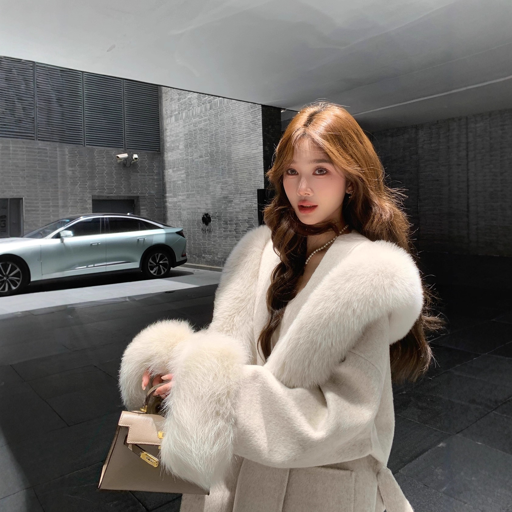 沪上千金秋冬新款狐狸毛领连帽双面羊绒大衣女韩版毛呢皮草外套