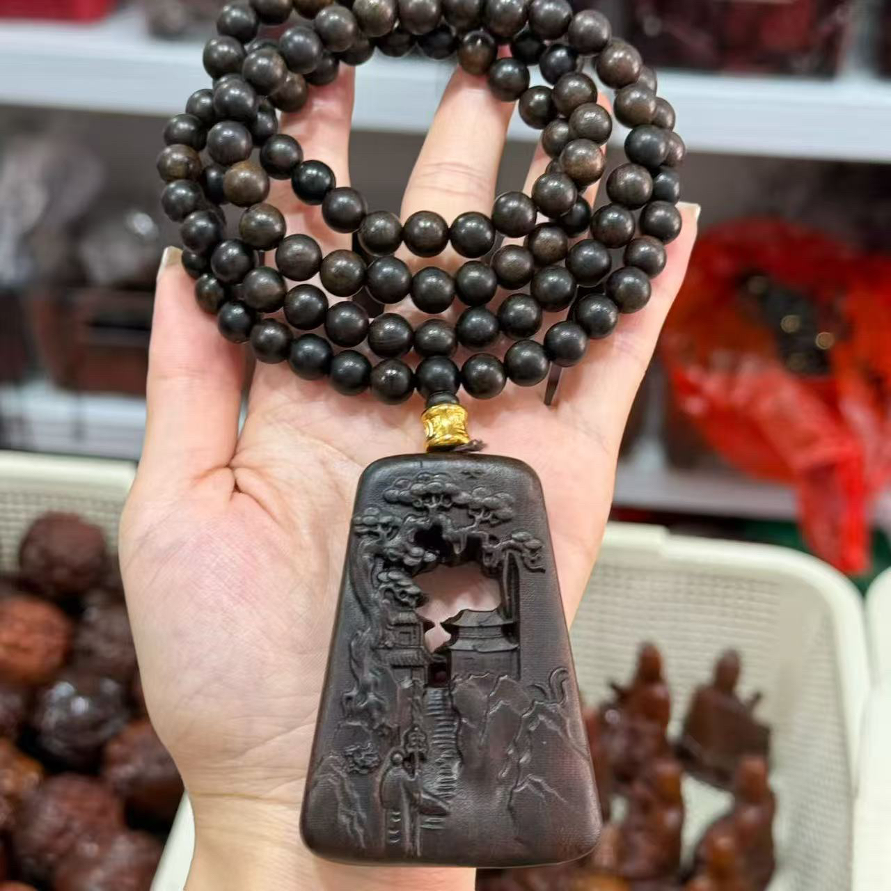 增香沉香木《寻佛山水牌配08mm念珠》毛衣链挂件天然手串念珠