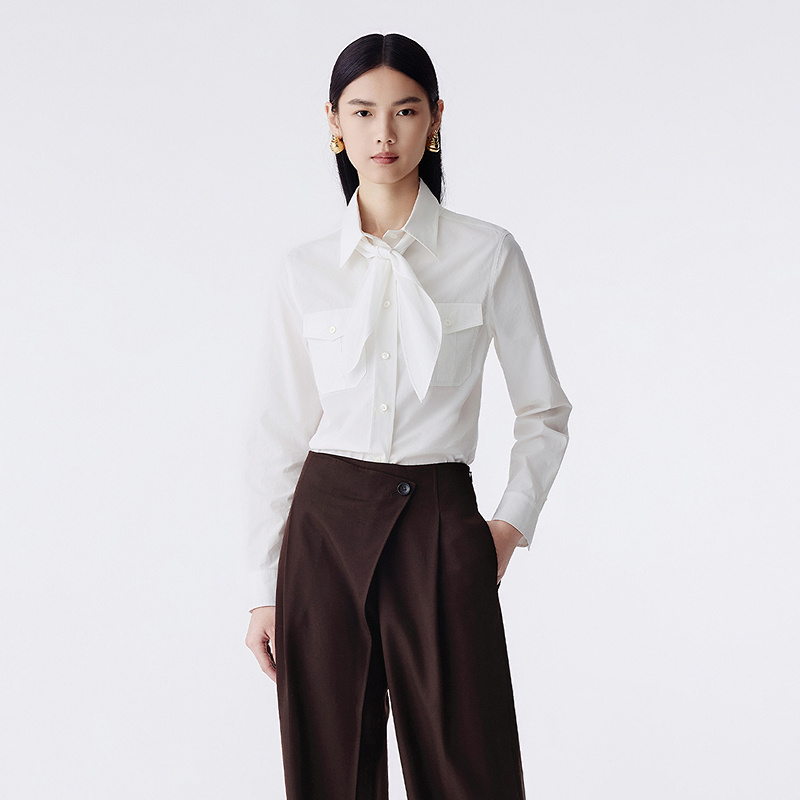 LANCY/朗姿2025年冬新款法式气质领结格子衬衫女通勤职业上衣