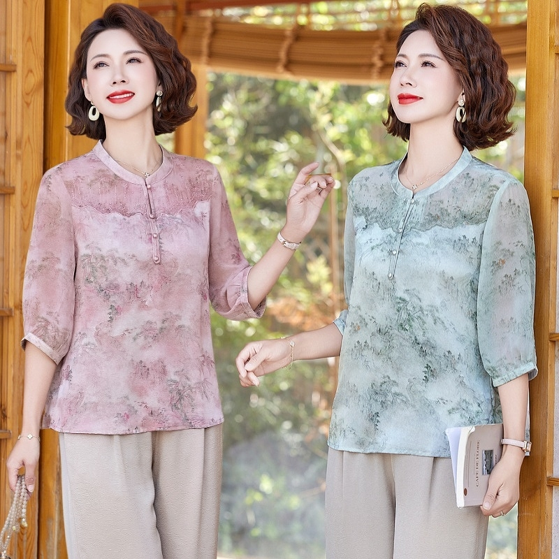 中老年女夏装洋气雪纺中袖上衣妈妈装春夏阔太太圆领衬衫薄款套装