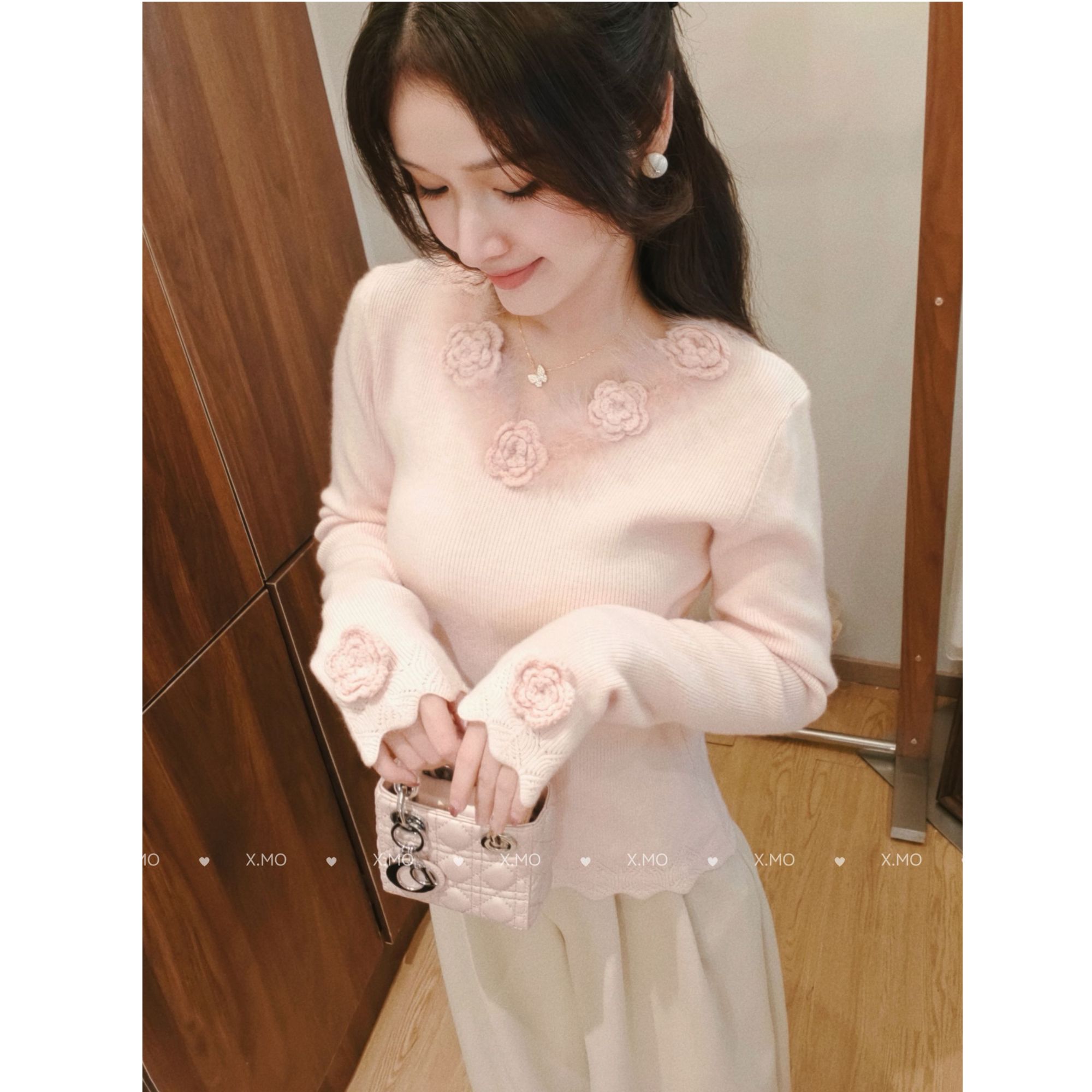 X.MO自制 精致翘楚 立体花朵毛领针织衫秋冬百搭上衣#1358