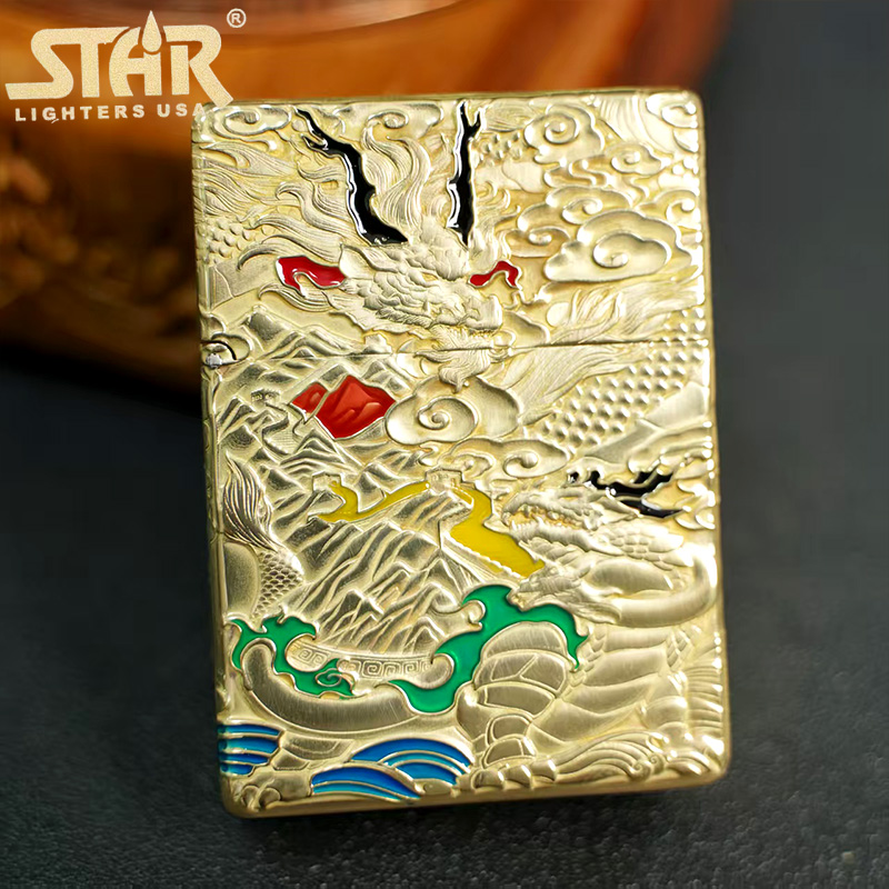STAR恒星ST9尘心珐琅浮雕黄铜守护华夏煤油打火机