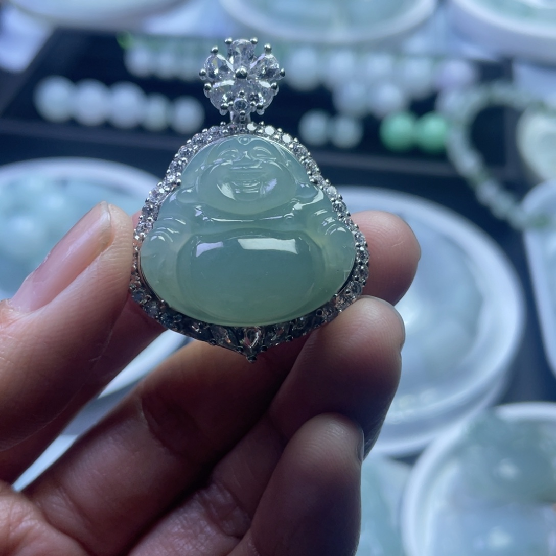 ༺***铺定制翡翠银S925镶嵌镶嵌小佛公