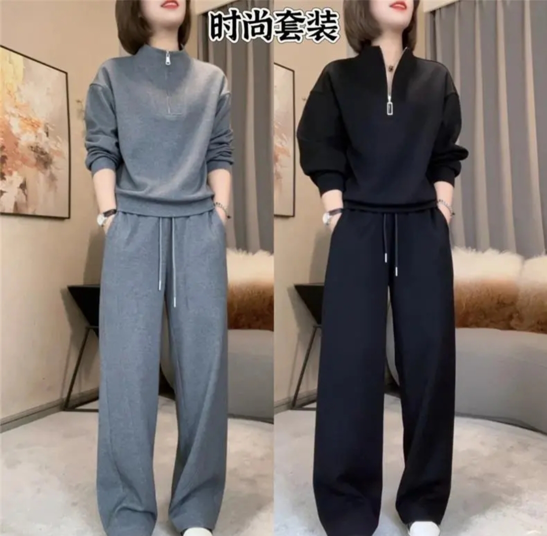 25043休闲风运动套装女2025秋冬加绒新款韩版立领宽松卫衣两件套