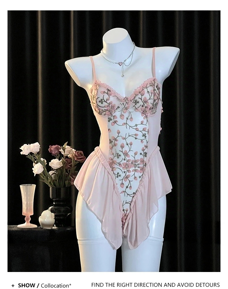 【80-160】显瘦网纱刺绣花朵性感纯欲连衣裙