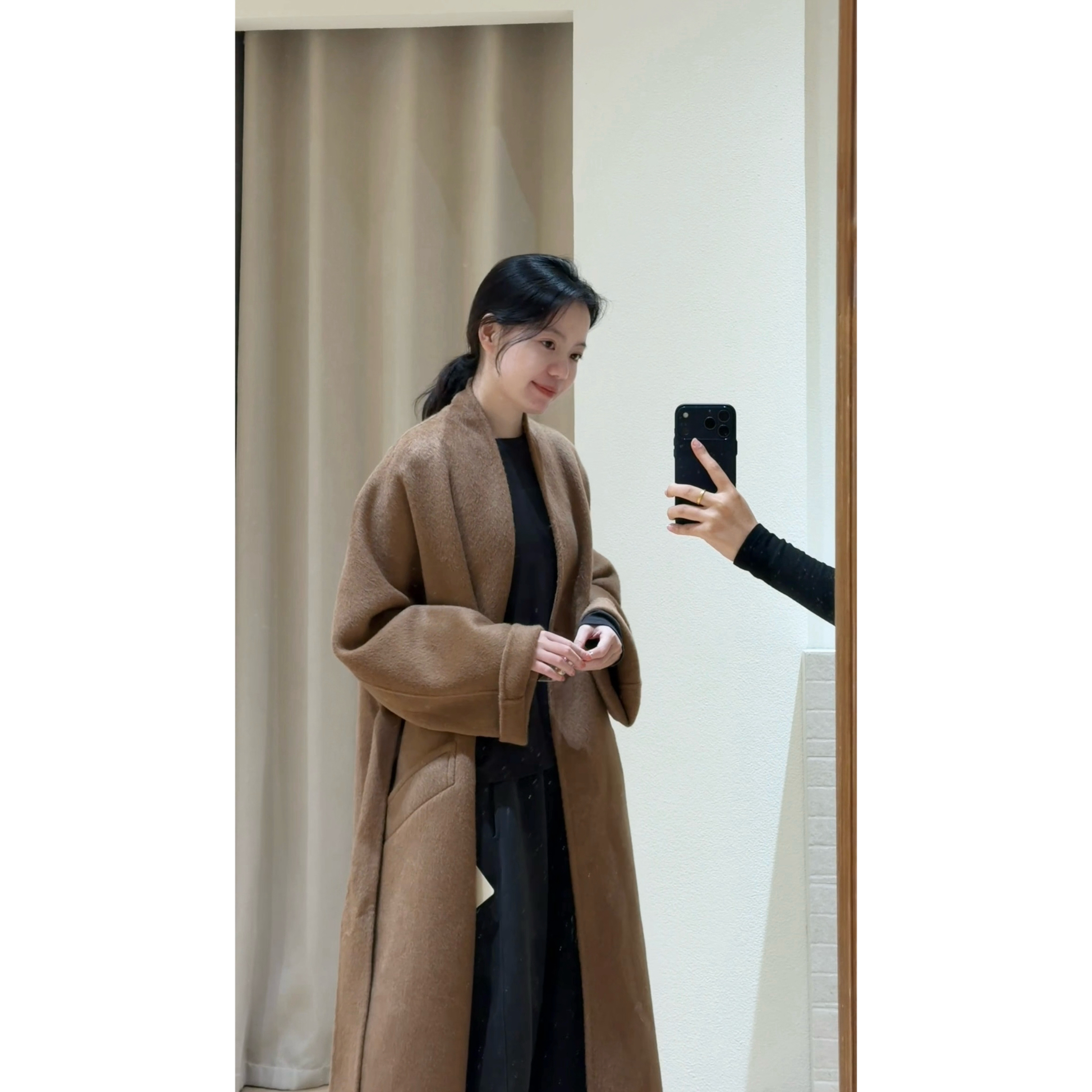 【骆驼绒】宽松浴袍式青果领冬季骆驼绒大衣秋冬外套时尚气质长款