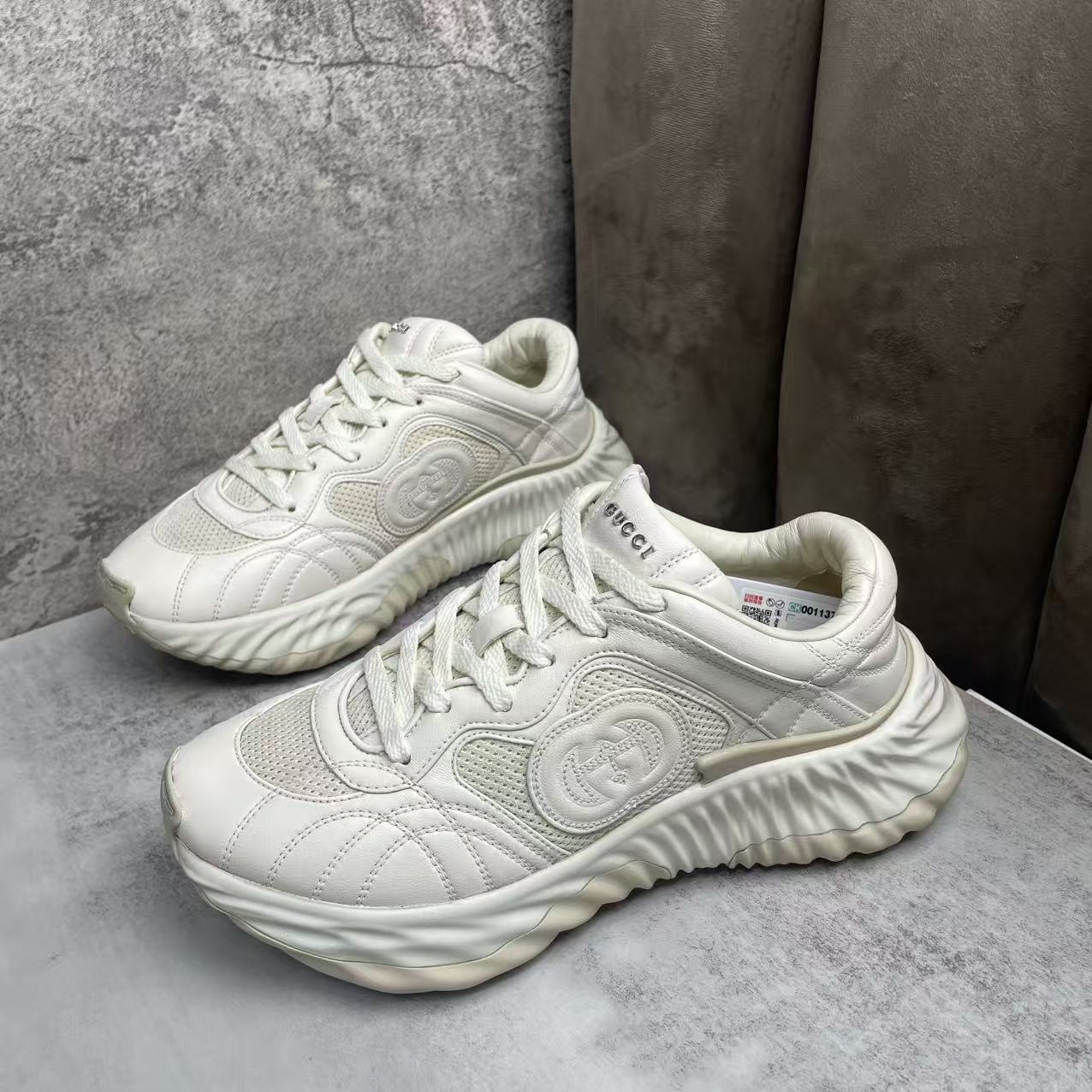 95新 GUCCI/古驰 白灰色皮革帆布双G时尚百搭厚底运动鞋/39码
