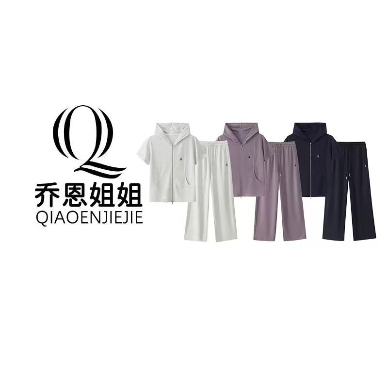 夏季女士铜氨丝休闲连帽短袖拉链开衫休闲套装22059