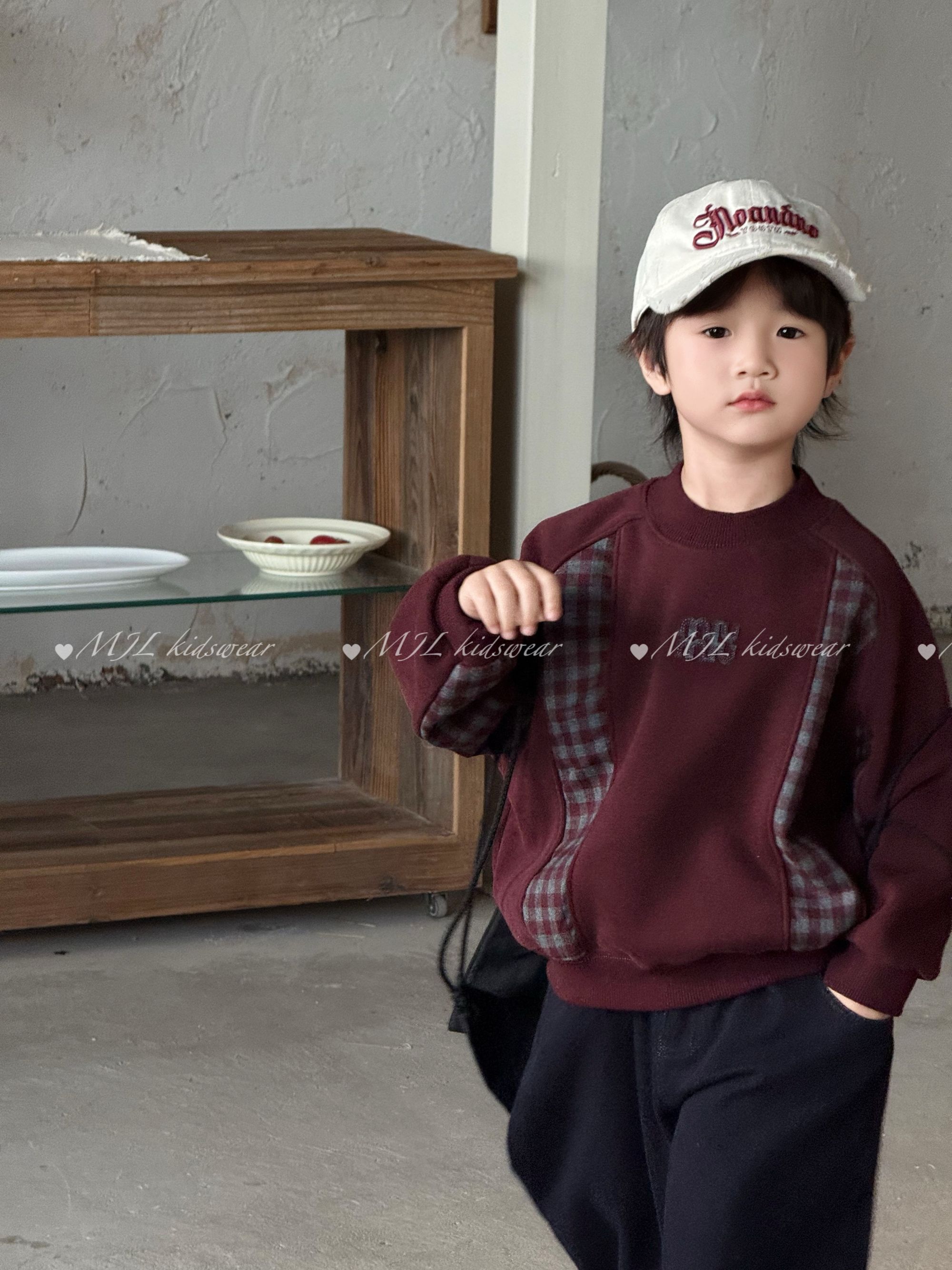 MJL冬款【320克格纹拼接复古风】加绒儿童圆领卫衣MJ71