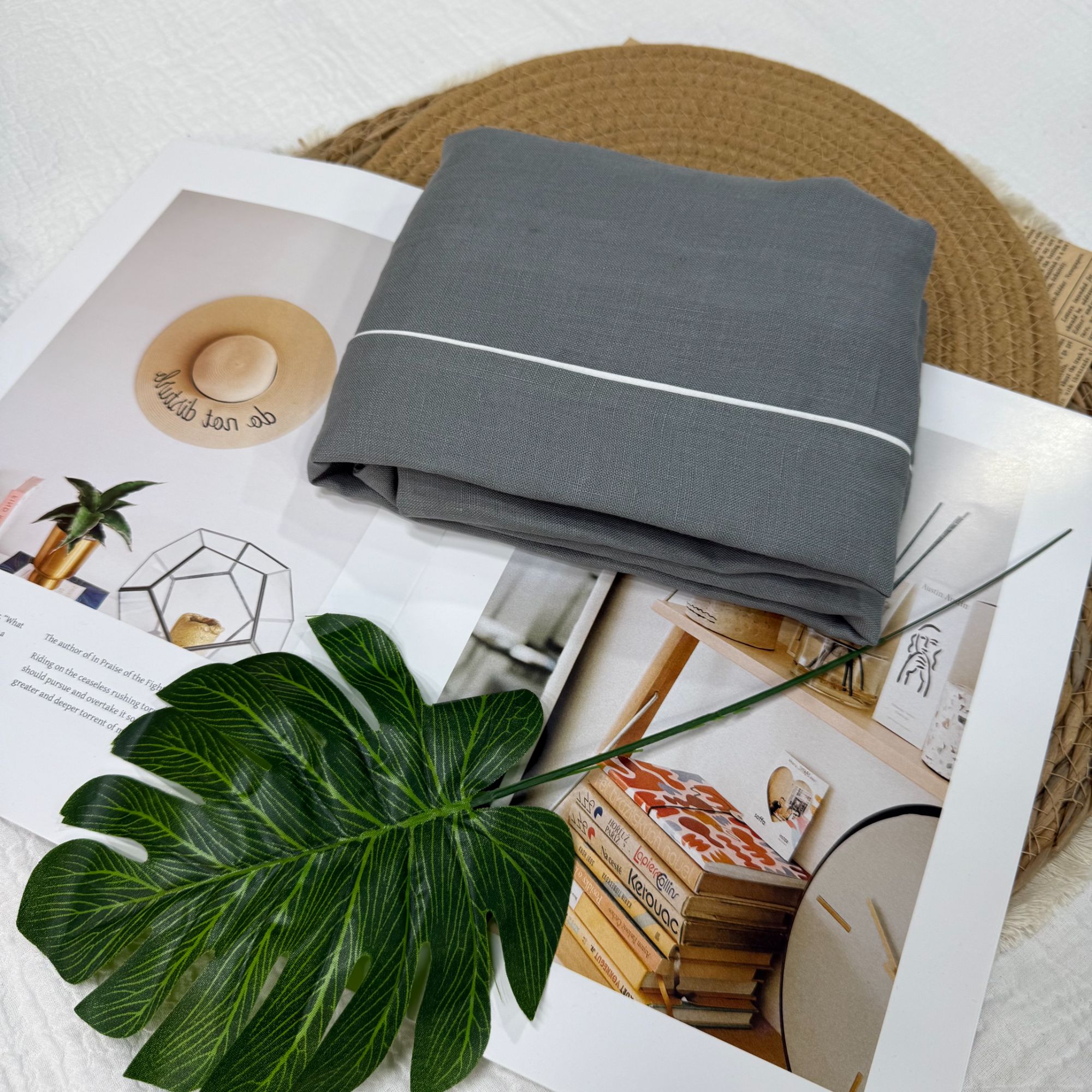 C421 灰色嵌条 14支汉麻刺绣枕套一对 75*48