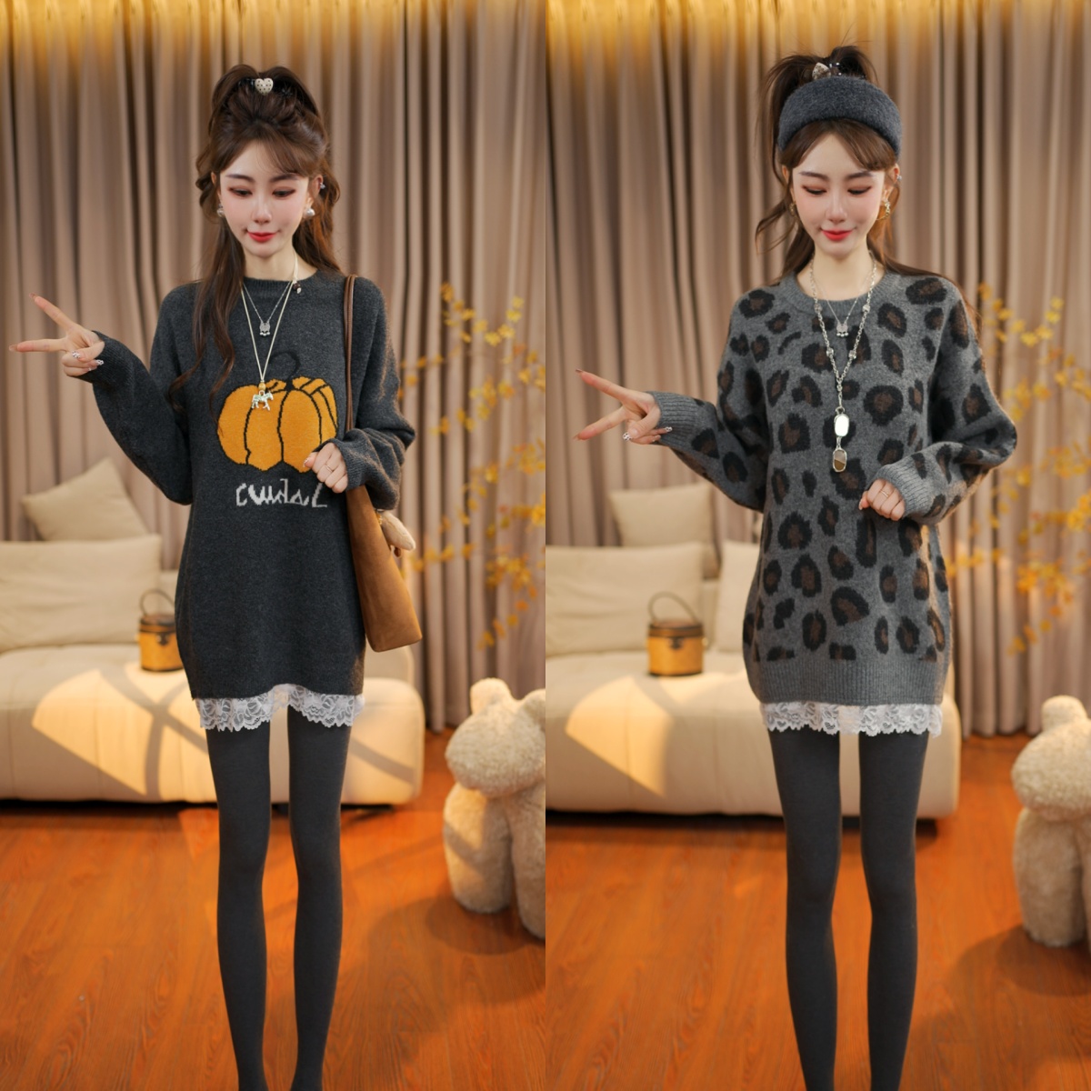 冬季圆领卡通中长款针织衫女新款慵懒高级感宽松减龄打底毛衣