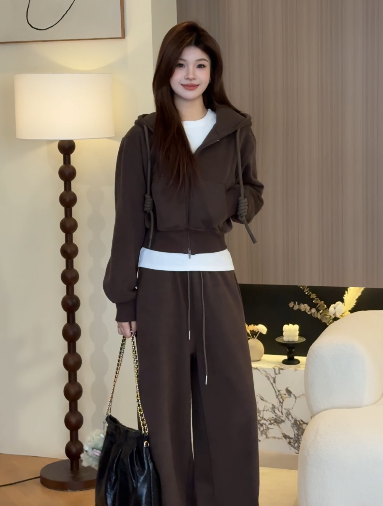 Q~冬季修身收腰巫师帽拉链穿搭休闲卫衣套装运动服两件套~1203