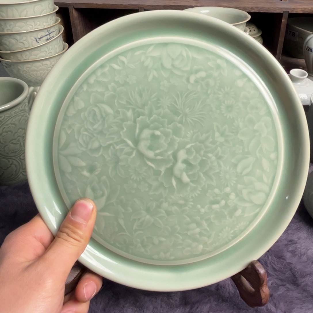 瓷微瑕百花盘带支架