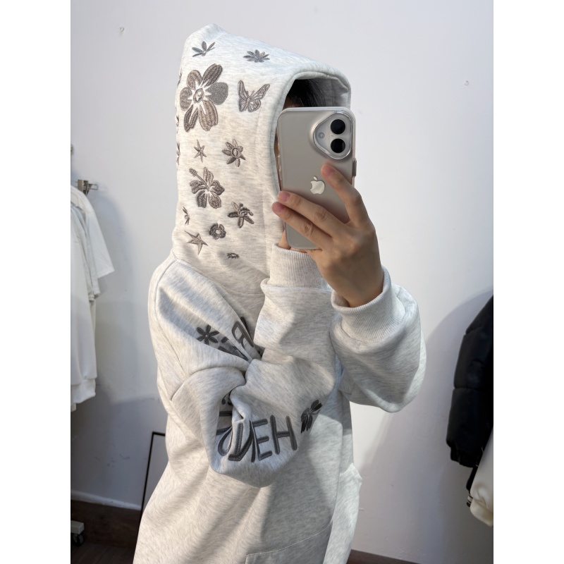 美式复古帽子花卉刺绣连帽卫衣男女休闲情侣装加绒加厚帽衫学生