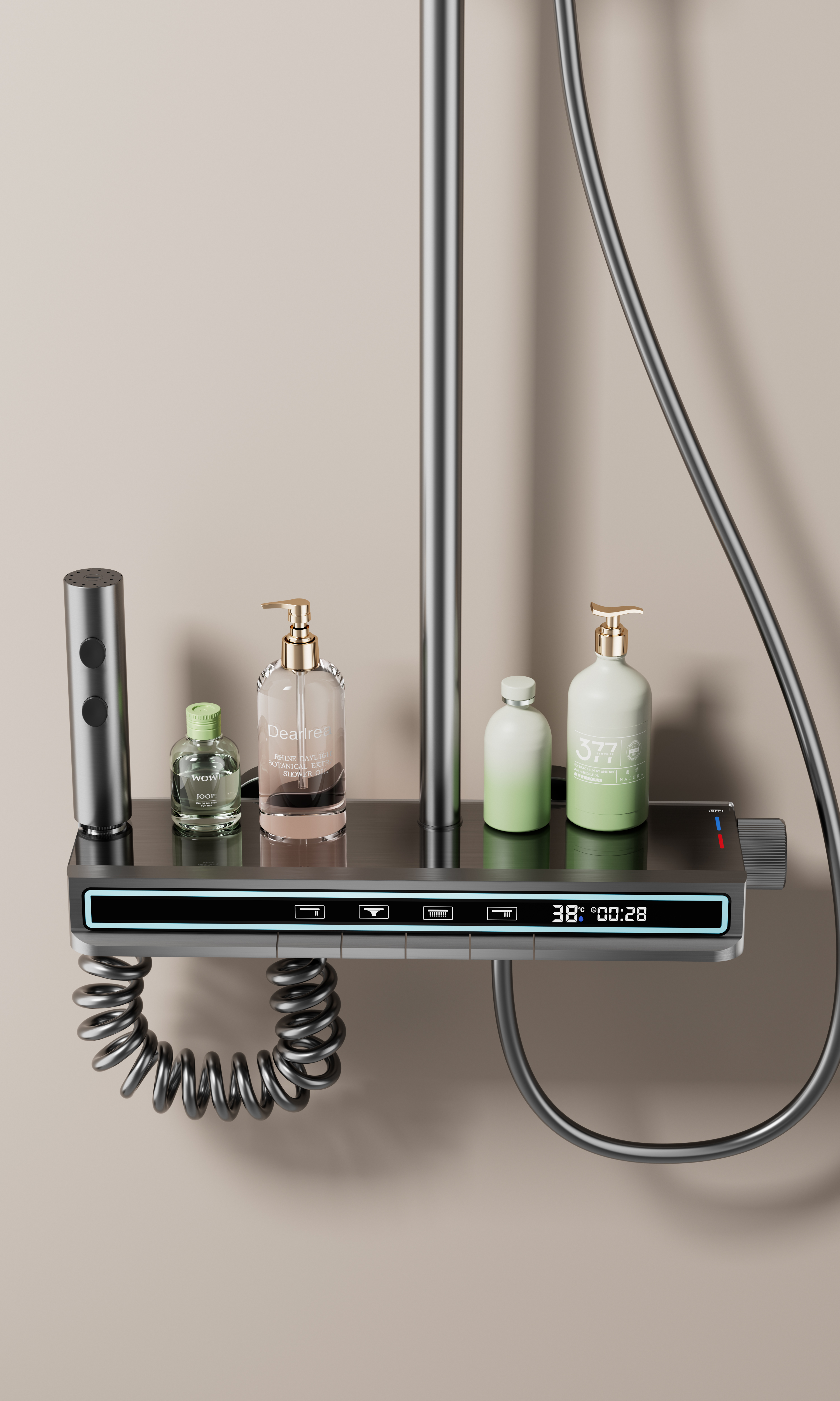 X8智能恒温数显氛围灯增压大置物架淋浴花洒套装枪灰色奶白色