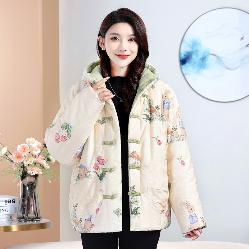 保暖女士宽松型棉服外套常规款连帽冬季印花短款格子