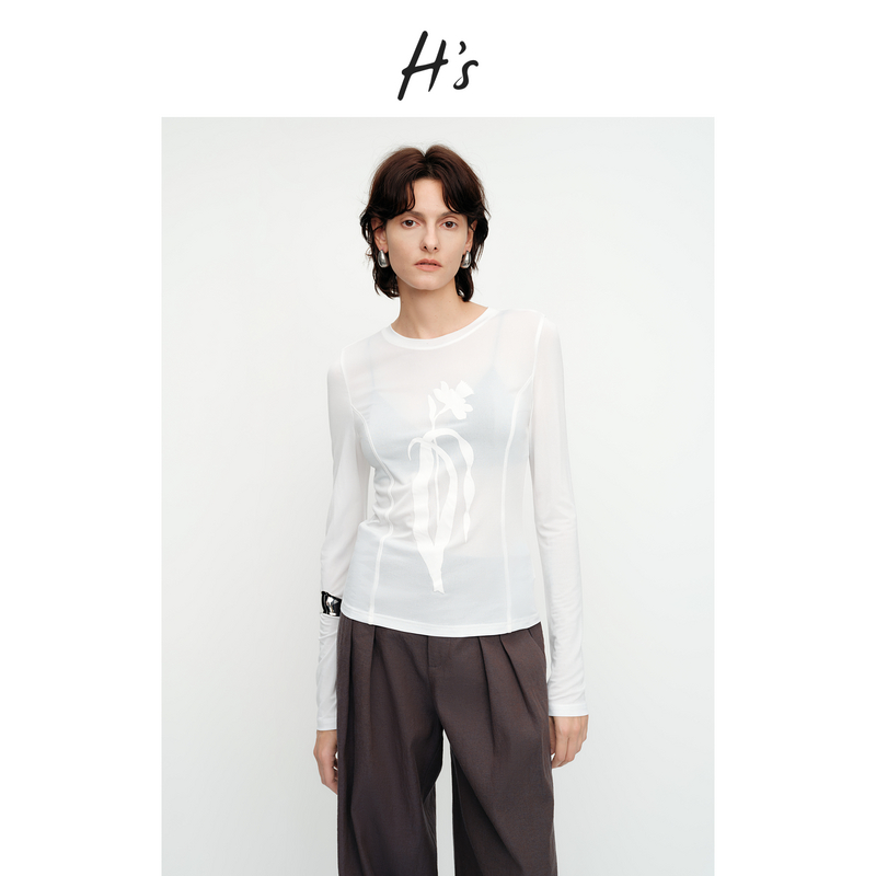 【秋上新】H'S发泡印花T恤女25秋正肩圆领柔软滑爽长袖打