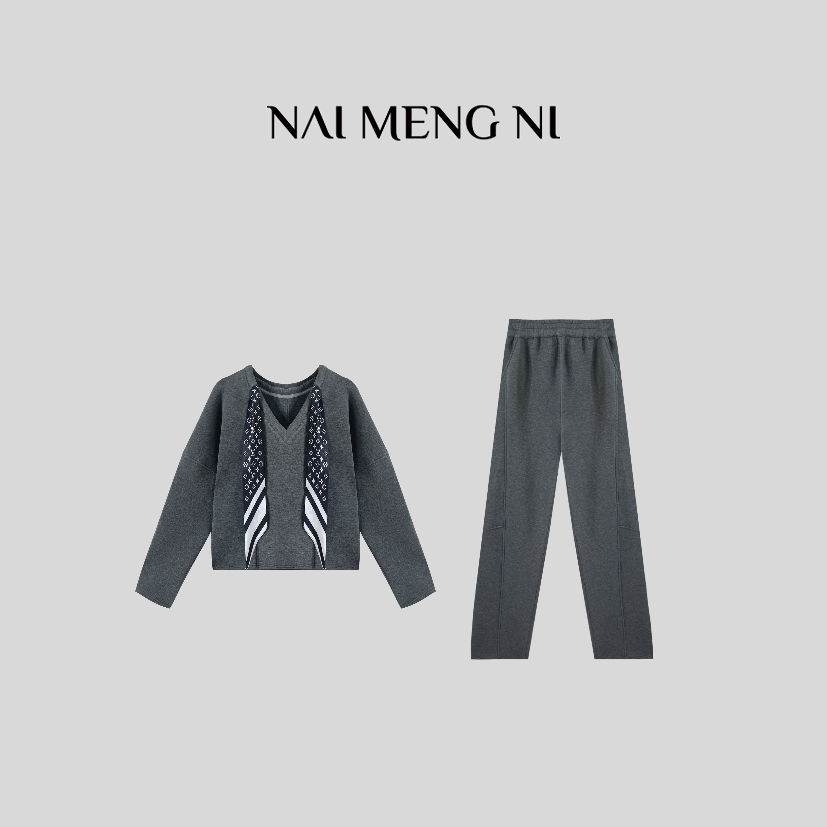NMN王火火&设计师款运动V领丝巾插片新款套装 28HH0001