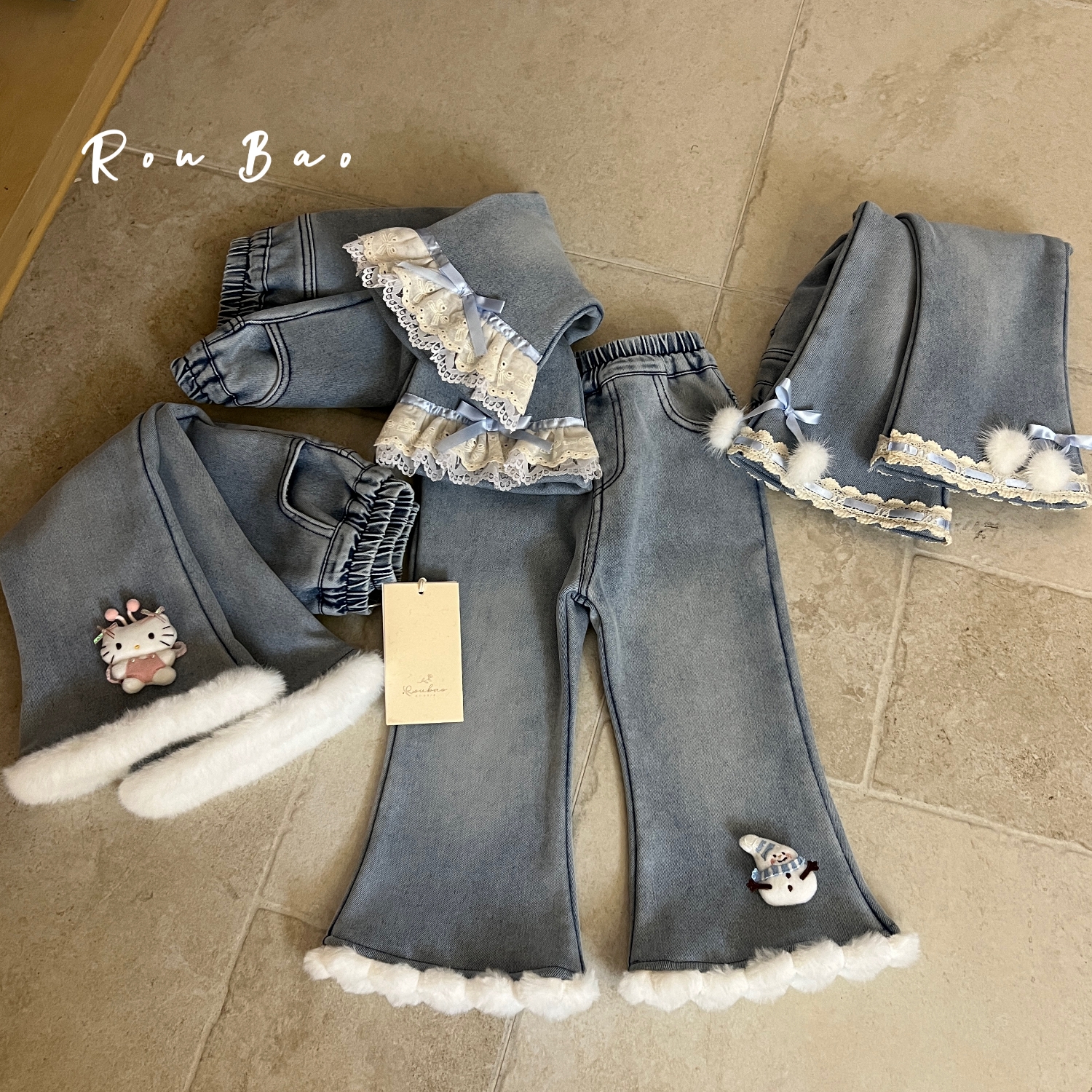 【RBJ】25秋冬新款女宝可爱猫咪立体玩偶加绒喇叭裤牛仔裤51012