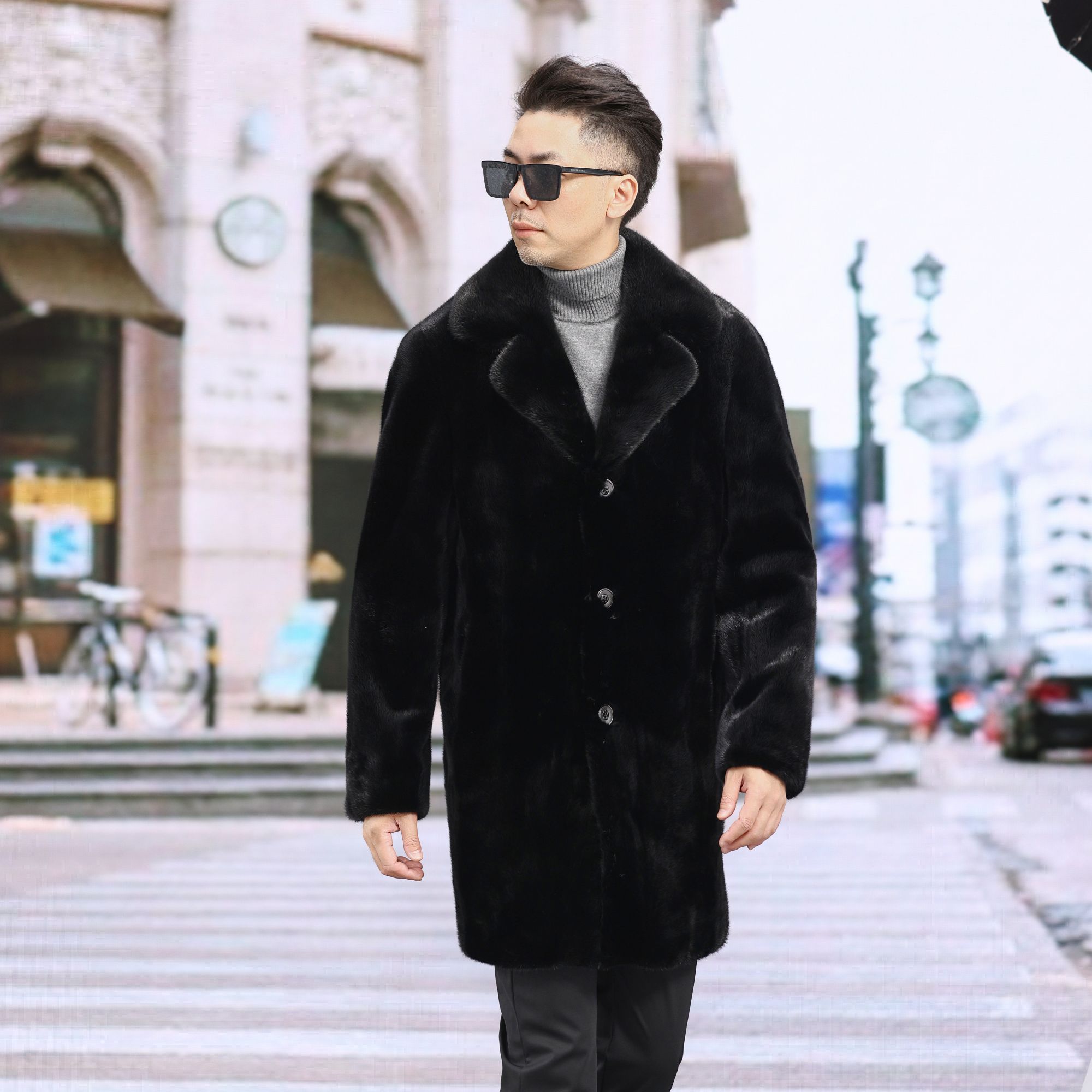 皮都 男士宝嘉美西装领纽扣90长冬季皮草保暖外套大衣