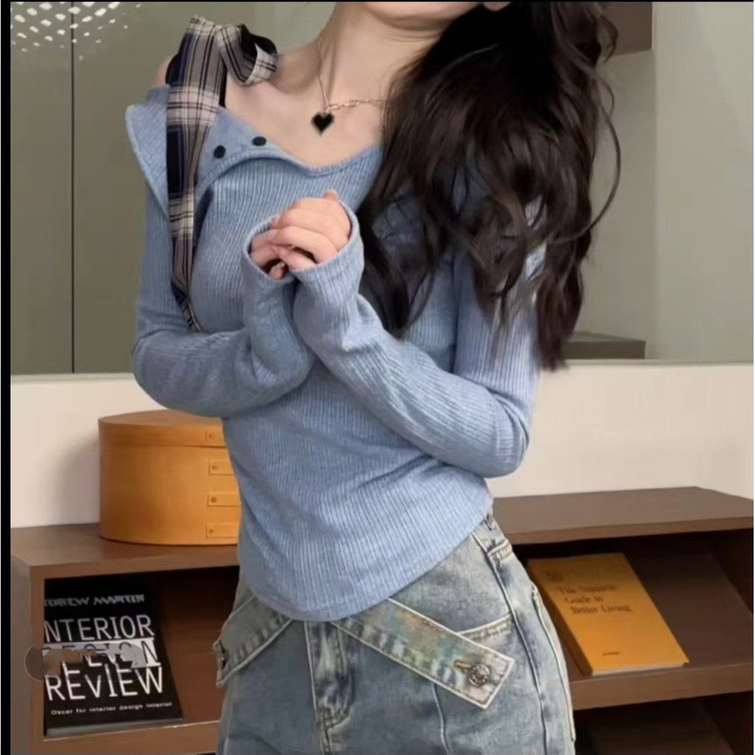 【现货】大码纯欲风高级感长袖T恤胖mm打底内搭灰色上衣辣妹6538