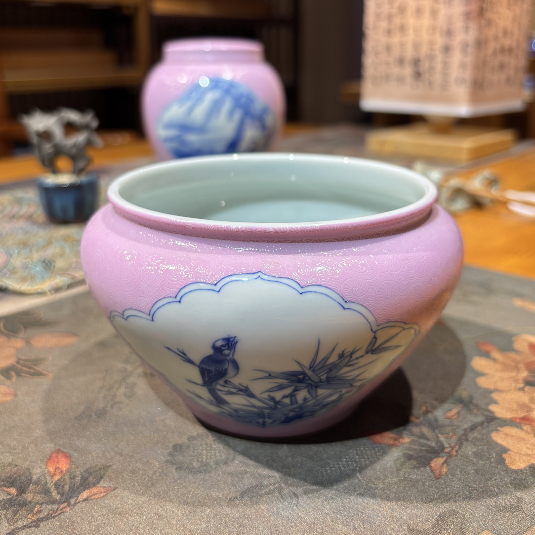 景德镇纯手工胭脂红扒花开窗花鸟水洗